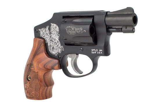 S&W Model 442 38SPL +P Revolver features scroll engravings on the frame and cylinder